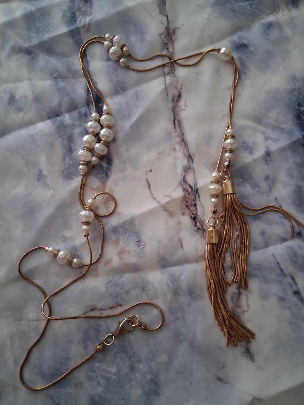 Gold-Tone Pearl Tassel Necklace with Faux Pearls